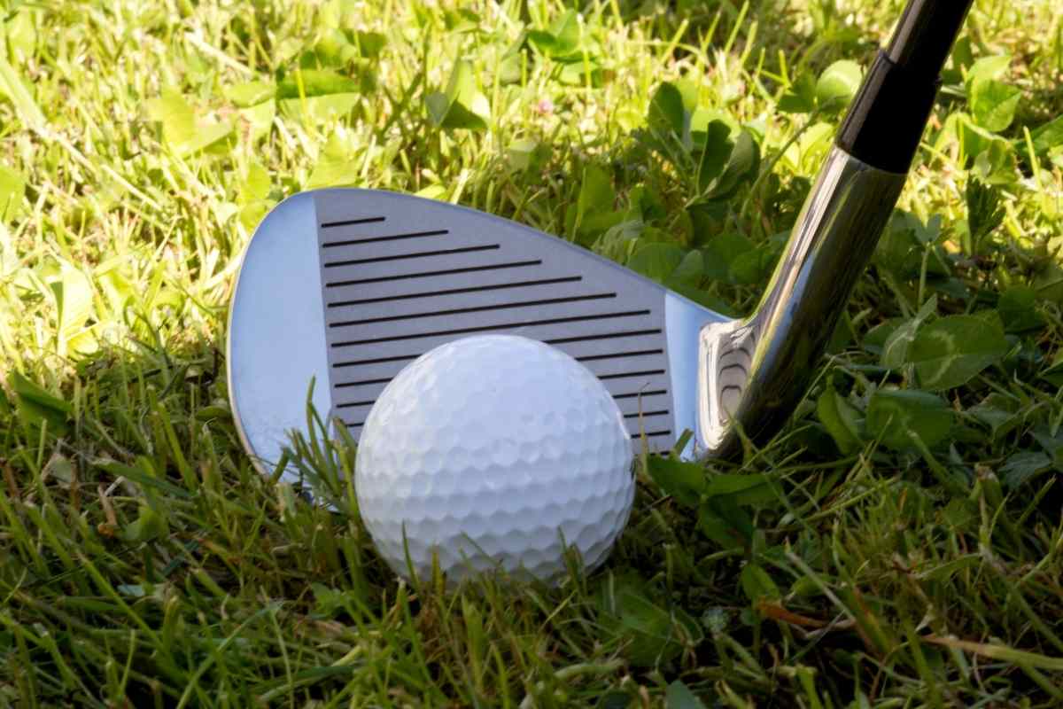 golf iron next to a golf ball on the grass