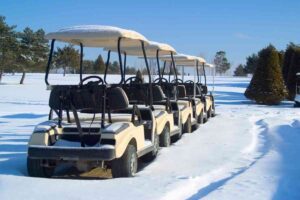 golf carts lined up in the snow