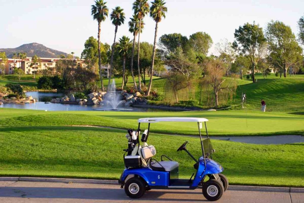 blue golf cart on a golf course