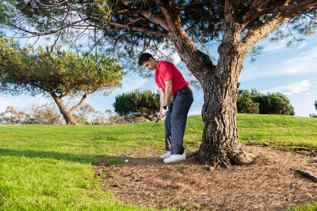 play golf ball as it lies golfer hitting behind tree